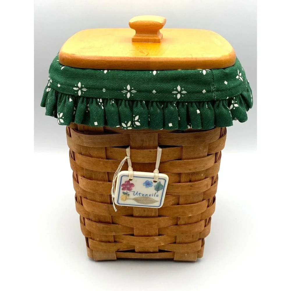Longaberger Baskets Green Liner Protector Wooden Lid Basket 9